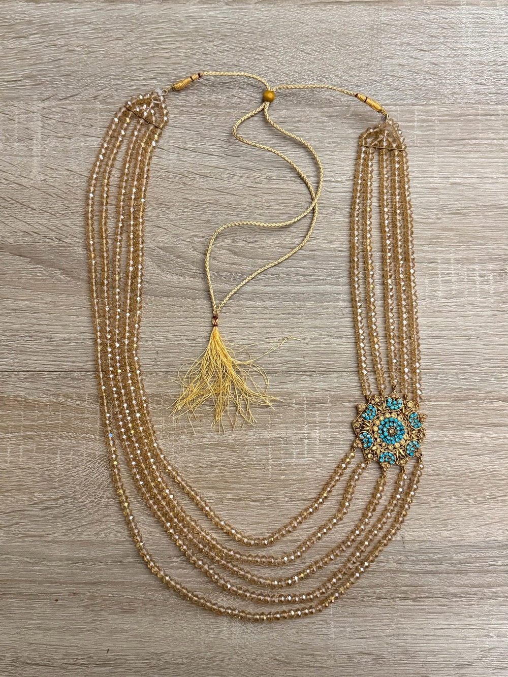 Boho Multi-Strand Crystal Bead Statement Necklace w/ Turquoise Medallion